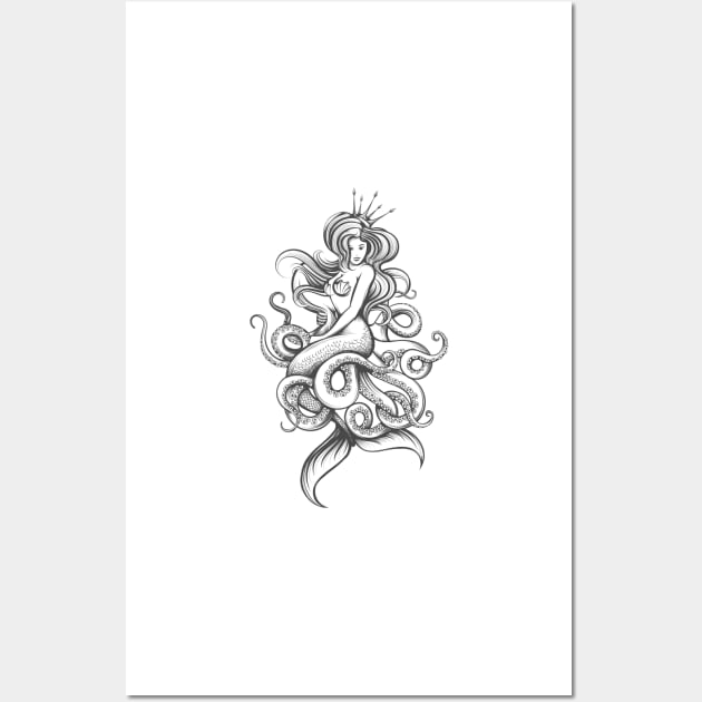 Mermaid and Octopus Drawn in Engraving Style Wall Art by devaleta